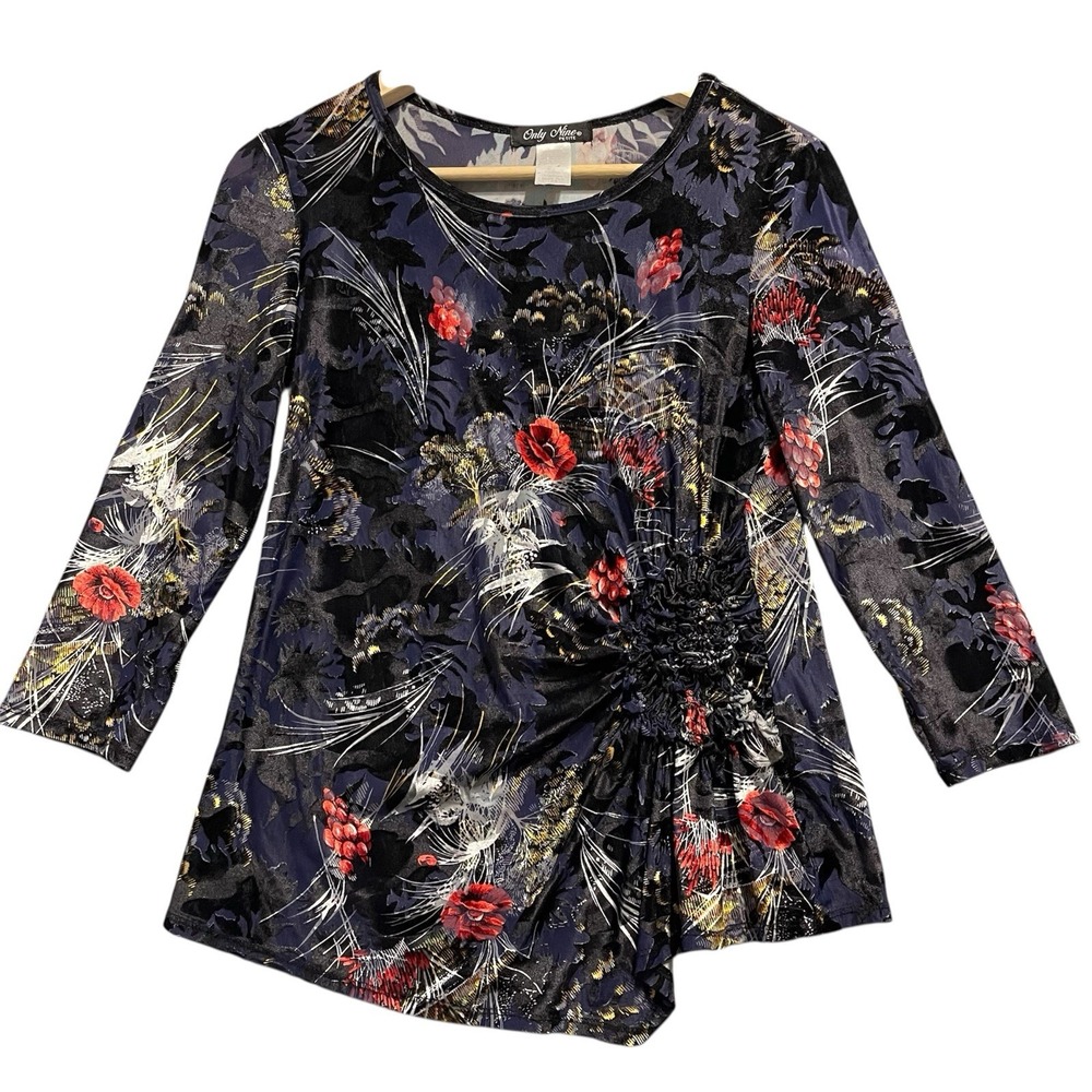 Only Nine Women Top PM Navy Blue Floral Velvet Burnout Ruched Side Botanical